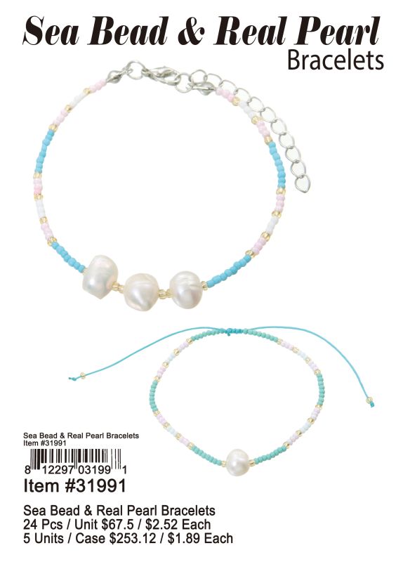 Sea Bead & Real Pearl Bracelets - 24 Pieces Unit