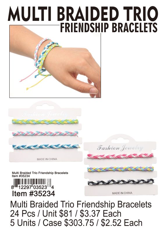 Multi Braided Trio Friendship Bracelets - 24 Pieces Unit