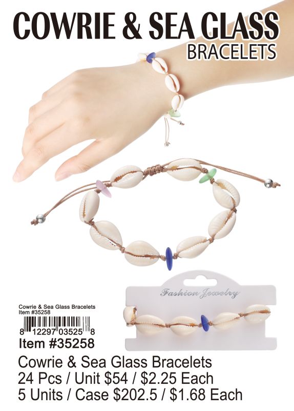 Cowrie & Sea Glass Bracelets - 24 Pieces Unit