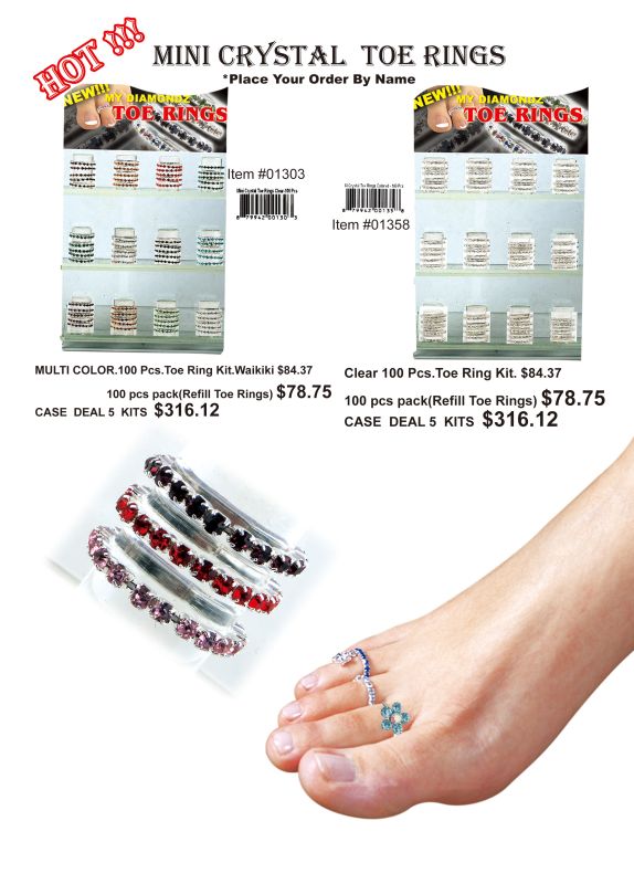 Mini Crystal Toe Rings(Multi Color) - 100 Pieces Unit